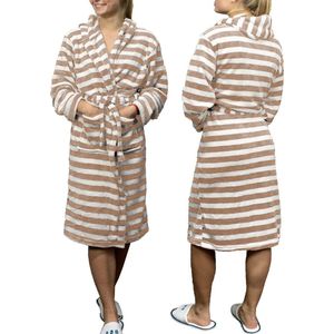 Sorprese Exclusive - Badjas - Maat L/XL - Streep Bruin/Wit - Capuchon - Ultra Zacht en Warm - Microvezel - Badjas Dames - Badjas Heren - Sauna - Oeko-Tex Standard 100 - Cadeau