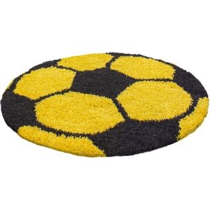 Vloerkleed kinderkamer - Voetbal - geel - rond 120 cm