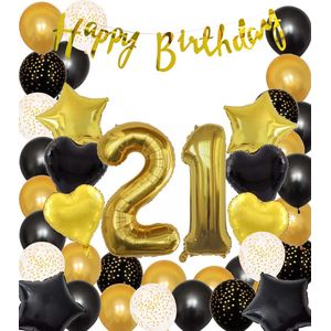 Snoes Ballonnen 21 Jaar Black Gold Dots Mega Ballon - Compleet Feestpakket Goud Zwart Stippen Cijferballon 21 - Verjaardag Versiering DIY Slinger Happy Birthday – Folieballon – Latex Ballonnen - Helium Ballonnen
