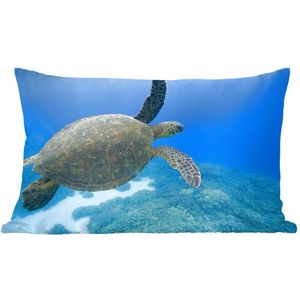 Sierkussen Schildpad voor binnen - Groene zwemmende schildpad fotoprint - 60x40 cm - rechthoekig binnenkussen van katoen