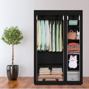 Kledingkast, vouwkast, stoffen kast, opvouwbare garderobe, canvas met ritssluiting, stoffen kast, kledingkast met kledingstang, vakken (110 x 45 x 175 cm, zwart)