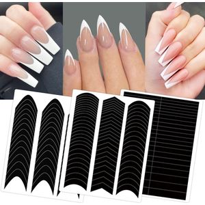 French Tip Nagelgeleider, Zelfklevende Franse V-Moon Nagelstrip Stickers voor Randhulp Zwart DIY Decoratief Stencil Hulpmiddel (5 Designs, 12 Vellen)