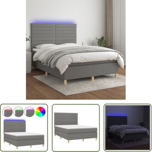 The Living Store Boxspring met matras en LED stof donkergrijs 140x190 cm - Boxspring - Donkere Kleuren - Led Lampen - Slaapcomfort - Tweepersoonsbed