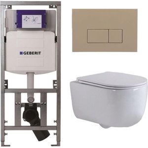 QeramiQ Dely Swirl Toiletset - 36.3x51.7cm - Geberit UP320 Burda inbouwreservoir - slimzitting - bedieningsplaat taupe - rechthoekige knoppen - wit glans
