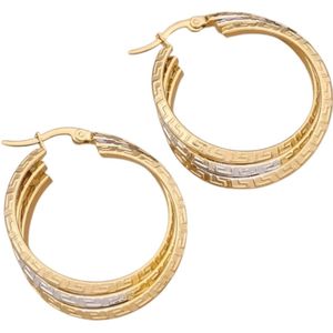 Aramat Jewels Oorringen - Triple Oorringen met Grieks Motief 35mm – Bicolor Stainless Steel - Roestvrij staal - Vrouwen - Volwassenen - [35mm]