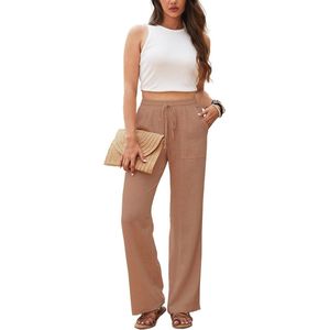 Linnen broek voor dames - Hoge taille, Rechte broek met wijde pijpen en zakken