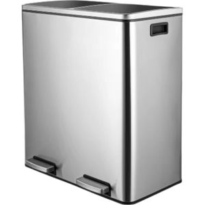 Pedaalemmer 2 vakken - 60L - Prullenbak - Afvalscheiding - RVS - Softclose - Anti-slip - Zilver