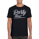 Party time t-shirt zwart met zilveren glitter tekst heren - Glitter en Glamour zilver party kleding shirt L