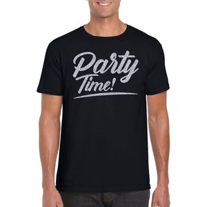 Party time t-shirt zwart met zilveren glitter tekst heren - Glitter en Glamour zilver party kleding shirt L