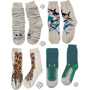 Nature Planet set van 4 spannende kindersokken, haai, krokodil, mummie en luipaard (100% Oeko-tex gecertificeerd), maat 19-22