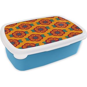 Broodtrommel Blauw - Lunchbox - Brooddoos - Design - Retro - Rozen - Oranje - 18x12x6 cm - Kinderen - Jongen