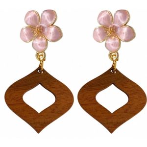 Clip oorbellen-bloem hout Chimay roze-geen gaatje- Charme Bijoux