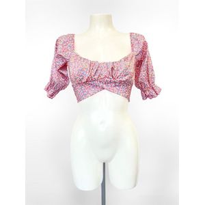 Bloemenprint crop top - Roze - Korte top met bloemen print - Floral top - Pof mouwen - Tie up - Verstelbaar - One-size - Een maat