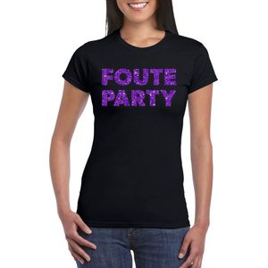 Zwart Foute Party t-shirt met paarse glitters dames - Themafeest/feest kleding L