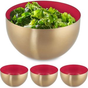 Relaxdays 4x saladeschaal - 1 liter - rood-goud - saladekom - mengkom - rvs - bakken