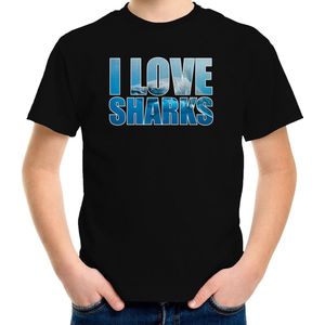 Tekst shirt I love sharks met dieren foto van een haai zwart voor kinderen - cadeau t-shirt haaien liefhebber - kinderkleding / kleding 158/164