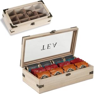 Vintage theedoos voor theezakjes - 12 vakken - houten theedoos met kijkvenster