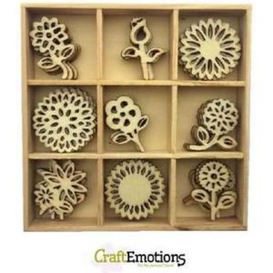 CraftEmotions Houten ornament - bloemen 45 assorti  - box 10.5x10.5cm