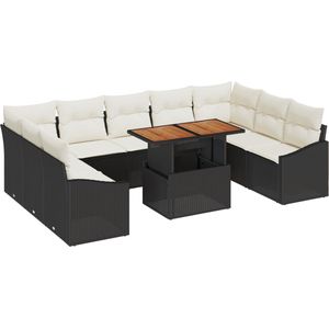 vidaXL - 10-delige - tuinset - met - kussens - in - zwart - poly - rattan - en - acacia