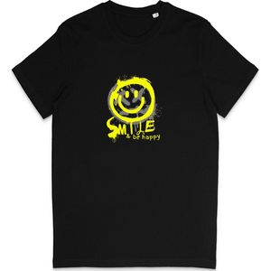 T Shirt Heren Dames - Lach en Ben Gelukkig - Happy Smiley - Zwart - Maat 3XL