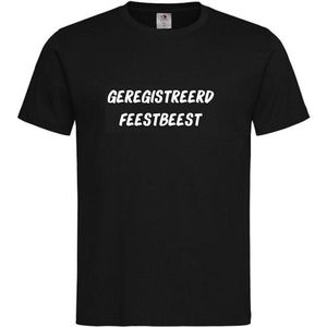 T-shirt Unisex Volwassenen Grappig Tekst ""Geregistreerd feestbeest"" Op Voorkant | korte mouw | Zwart/wit | maat M