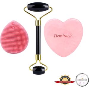 Demiracle® Face Roller & Gua Sha Love Bundle met Roze Siliconen Gezichtsborstel – Black Obsidian – Rose Quartz – Face Rollers – Gezichtsmassage – Massagetools – Massage - Ontspanning – Kwaliteit