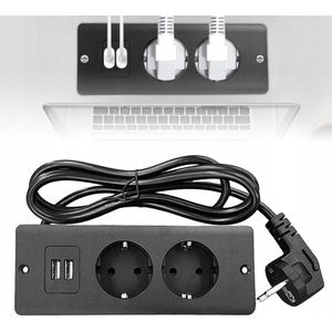 4-in-1-stopcontact - Zwart - 2 stopcontacten, 2 USB A-poorten - 1,5 m kabel - Duurzaam en met meerdere beschermingen - Verborgen montageontwerp voor thuiskantoren, restaurants en hotels