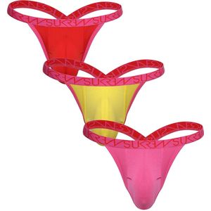 SUKREW Bubble Thong Multipack 1x Red + 1x Pineapple Yellow + 1x Carnival Pink - MAAT S - Heren Ondergoed - String voor Man - Mannen Thong