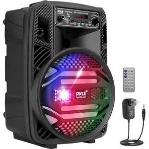 Pyle Speaker, Draagbare Bluetooth Luidspreker, Oplaadbare PA Systeem, 300W, Microfooningang, Radio, USB, MP3, Inclusief Afstandsbediening en Stroomadapter, Met DJ-Lichten, Zwart