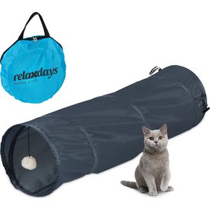 Relaxdays kattentunnel - 90 cm - polyester - met speeltje - speeltunnel katten - rond - grijs