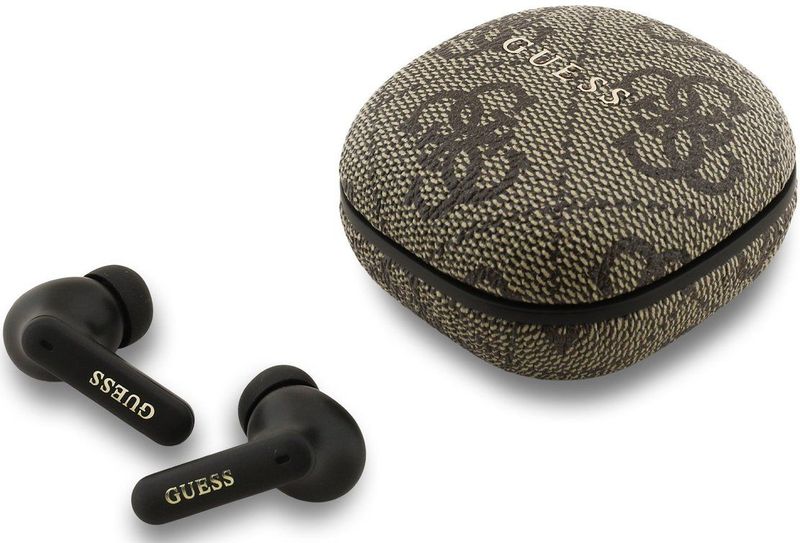 Guess 4G Script Logo ENC TWS Oordopjes – ENC – draadloos – PU‑leer afwerking – Bruin