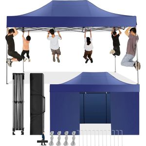 Tuinpaviljoen – Partytent – Inklapbaar Tuinhuisje – Overkapping – Beschutting – Waterdicht Polyester – Staal Frame - 3x4.5m - Marineblauw