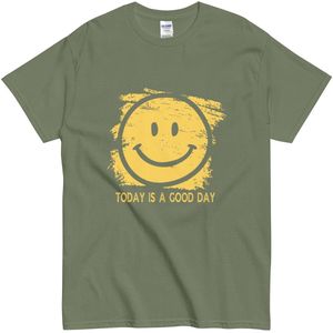 Happy Day T-shirt met Smiley - Positieve Boodschap - Dames Heren - Katoen - Khaki Groen – 2XL
