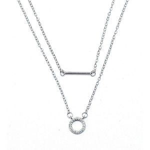 Ketting Dames- Hip Layer 2 lagen Ketting- Zilver 925- Staafje Diamant Rondje- Vrouw- LiLaLove