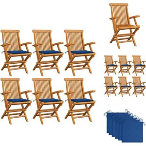 vidaXL Houten Tuinstoelenset - 6 Stoelen - Teakhout - Koningsblauwe Kussens - Tuinstoel