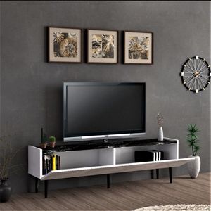 TV meubel Elwood - TV meubel - 45x154x37 cm - kleur wit en marmer zwart - spaanplaat - kunststof - decoratief design