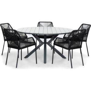 LUX outdoor living Cervo Grey/Seville zwart dining tuinset 6-delig | polywood + touw | 144cm rond | 5 personen