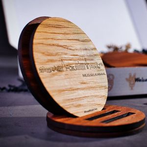 Skyline Onderzetters Musselkanaal - Eiken en noten hout - 4 stuk(s) + houder - Ø 9 cm Rond - Cadeau - Woon decoratie - Woonkamer - WoodWideCities