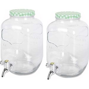 2x stuks glazen drankdispensers/limonadetap met groen/wit geblokte dop 4 liter - Tapkraantje
