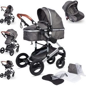 Bronea - EXQUISE Luxe multi-functionele kinderwagen 3 in 1 | Meerdere kleurcombinaties | Incl. MATRAS, Buggy, Autostoel, Luiertas, Regenhoes, Voetenwarmer, Muggen net & Zonneklep - Grijs/Zwart