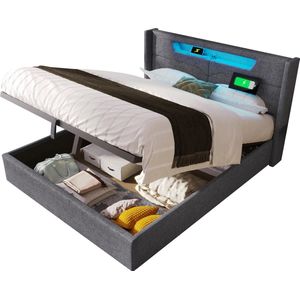 Merax Luxe Tweepersoonsbed 140x200 cm met USB Type-C Aansluiting en Opbergruimte - Gestoffeerd Hydraulische Bed - Grijs