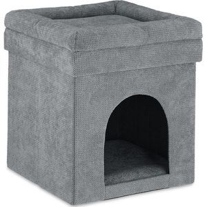 kattenmand poef, opvouwbaar, holletje voor katten & kleine honden, stoffen hocker, HBD 42 x 38 x 38 cm, grijs