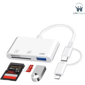 LifeStages - SD Kaart Lezer - SD-kaartlezer voor iPhone [Apple MFi gecertificeerd] - 3-in-2 SD-kaartlezer - USB C Lightning naar SD/Micro SD/USB, geheugenkaartlezer - SD-kaartlezer voor iPhone 16/15/14 iPad Android