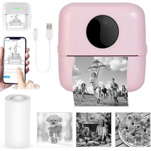Mini-thermische mobiele fotoprinter voor studienotities en memo's - iOS- en Android-compatibel - roze mini printer