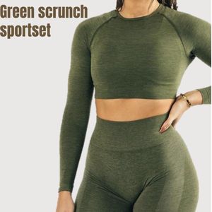 Sportchic - Sportoutfit - Sportkleding Set Dames - Squat proof - Fitness legging + Sport shirt - Yoga Kleding - Sport Top - Sport Shirt dames - Fitness Legging - Fitness Kleding Set Voor Dames - Groen - L