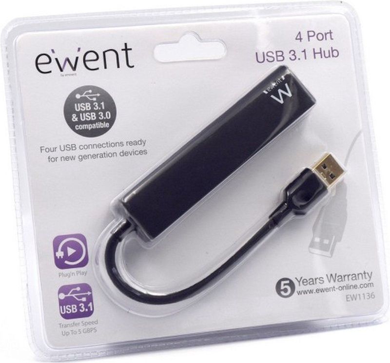 Ewent EW1136 interface hub USB 3.2 Gen 1 (3.1 Gen 1) Type-A 480 Mbit/s Zwart