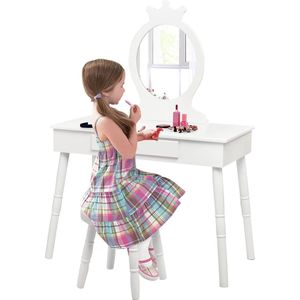 Toilettafel voor kinderen, met kruk, kaptafel met spiegel, kaptafel voor kinderen met lade, houten make-upcommode voor kinderkamer (wit)