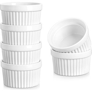 6 oz Wit Porselein Soufflé Gerechten Set van 6 - Ideaal voor Creme Brulee, Pudding en Dips - Vaatwasser en Oven Veilig