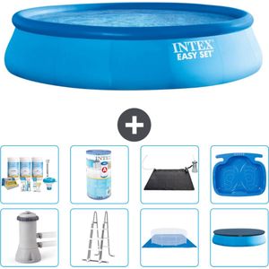Intex Rond Opblaasbaar Easy Set Zwembad - 457 x 107 cm - Blauw - Inclusief Pomp - Ladder - Grondzeil - Afdekzeil Onderhoudspakket - Filter - Solar Mat - Voetenbad