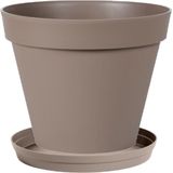 Bloempot Toscane kunststof taupe D20 x H17 cm inclusief onderschaal D15 cm - Bloempotten/plantenpotten set